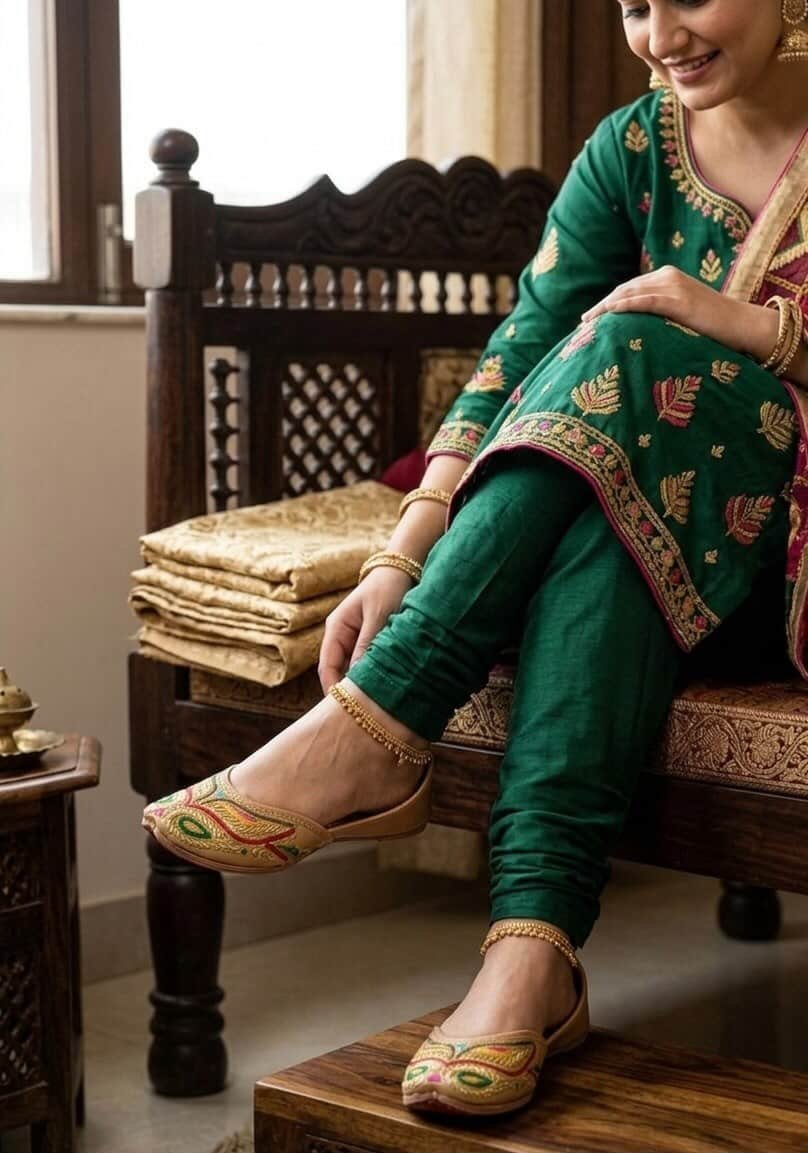 Back design of handcrafted leather jutti with detailed embroidery