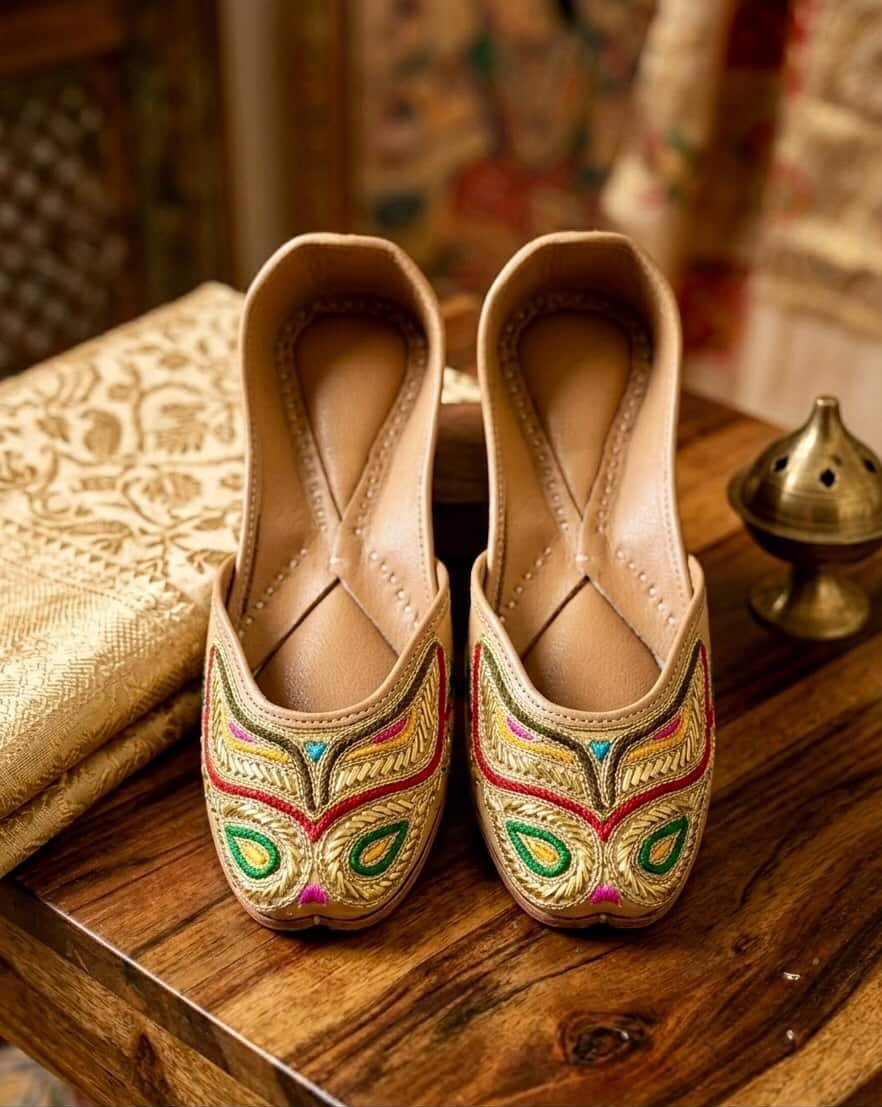 Women wearing multicolor embroidered leather jutti with traditional outfit