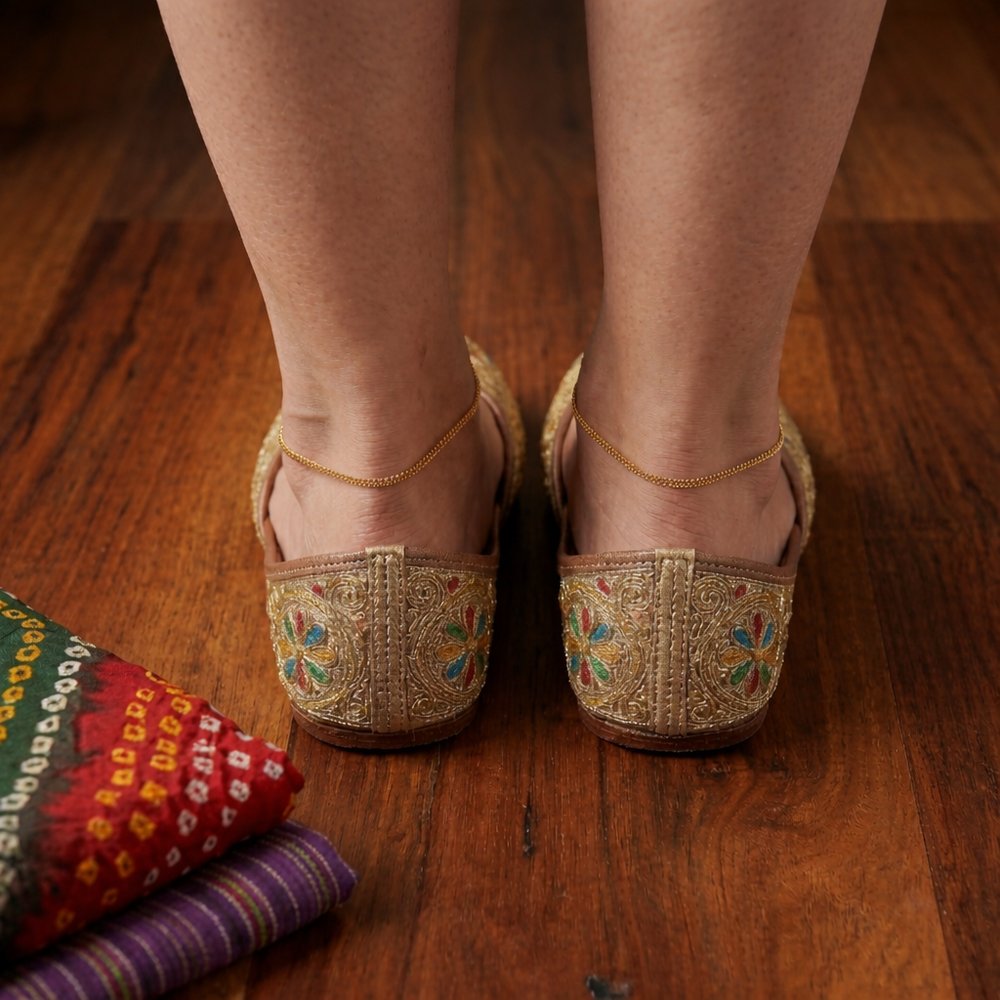 Premium handcrafted Punjabi jutti for women, made with authentic tanned leather and traditional needlework embellishments