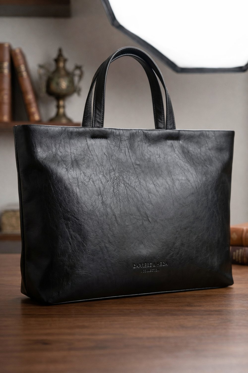 Black vegan leather tote bag with minimal design on modern background, stylish everyday handbag for women