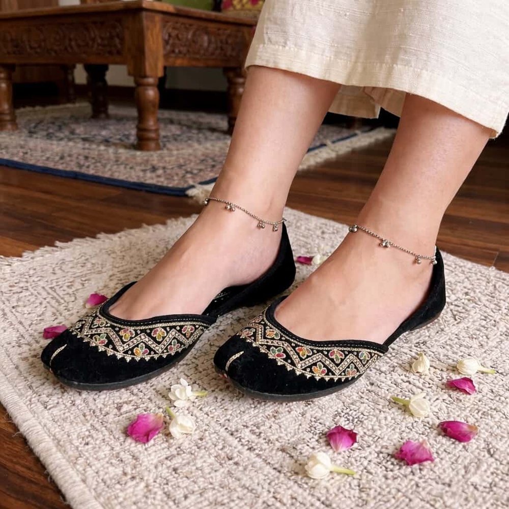 Black velvet jutti with intricate embroidery and soft leather inner sole handcrafted design