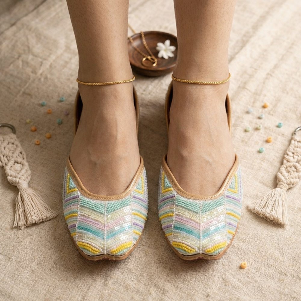 Colorful pastel handcrafted jutti with bead and sequin work soft leather inner for women