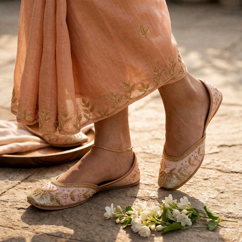 Handcrafted peach jutti with golden embroidery and soft leather inner sole for women
