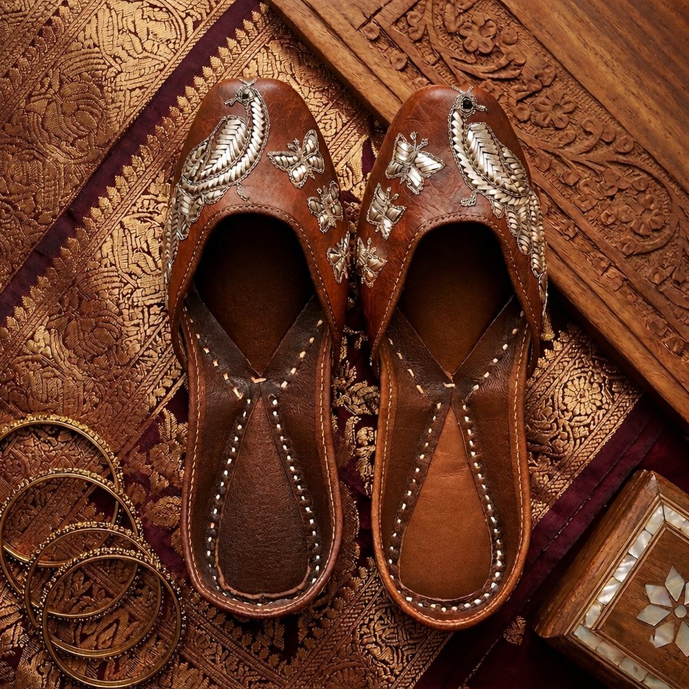 Brown leather hand embroidered jutti pair with silver floral design on traditional fabric background