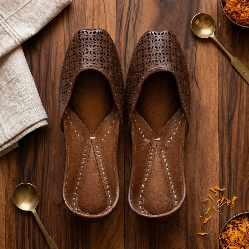 Handcrafted brown leather jutti with intricate laser-cut design placed on wooden background with ethnic styling elements