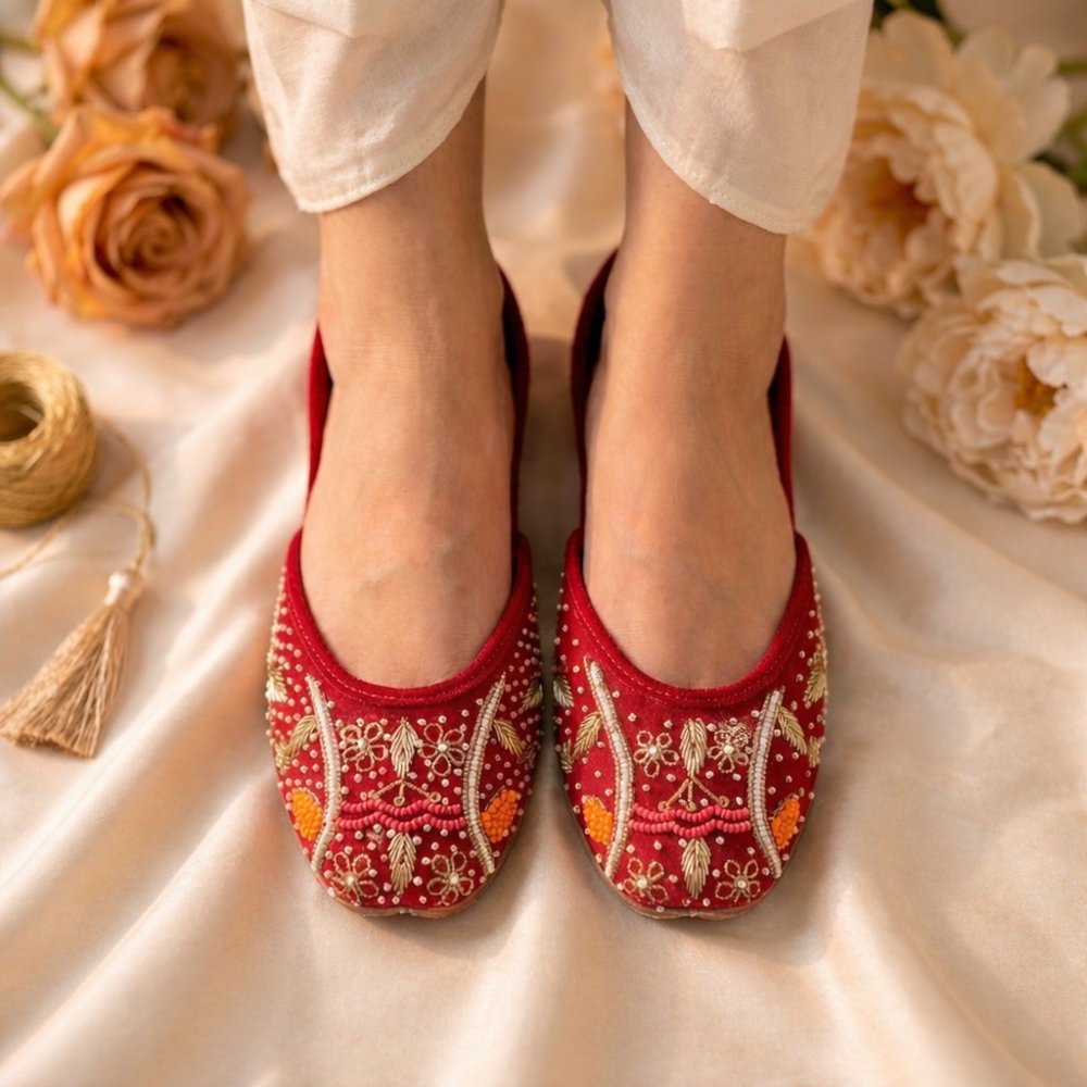 Top view of handcrafted crimson red bridal jutti with zardosi embroidery and pearl work worn by woman on ivory background