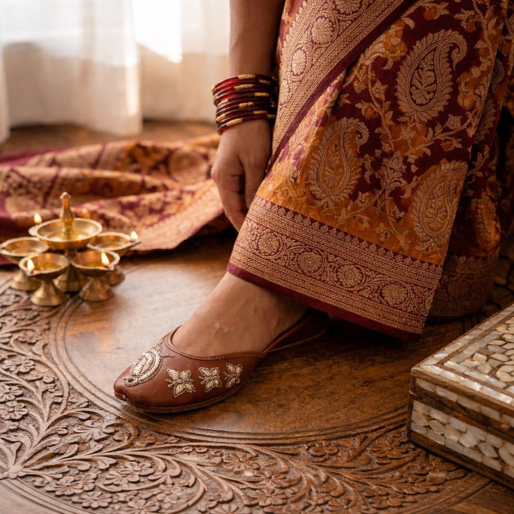 Side view of handcrafted brown leather jutti with intricate embroidery on wooden floor