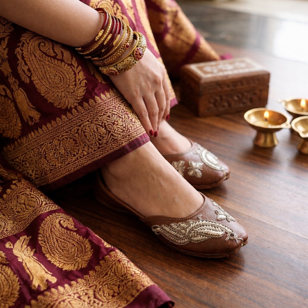 Close view of brown leather embroidered jutti worn with saree and gold bangles