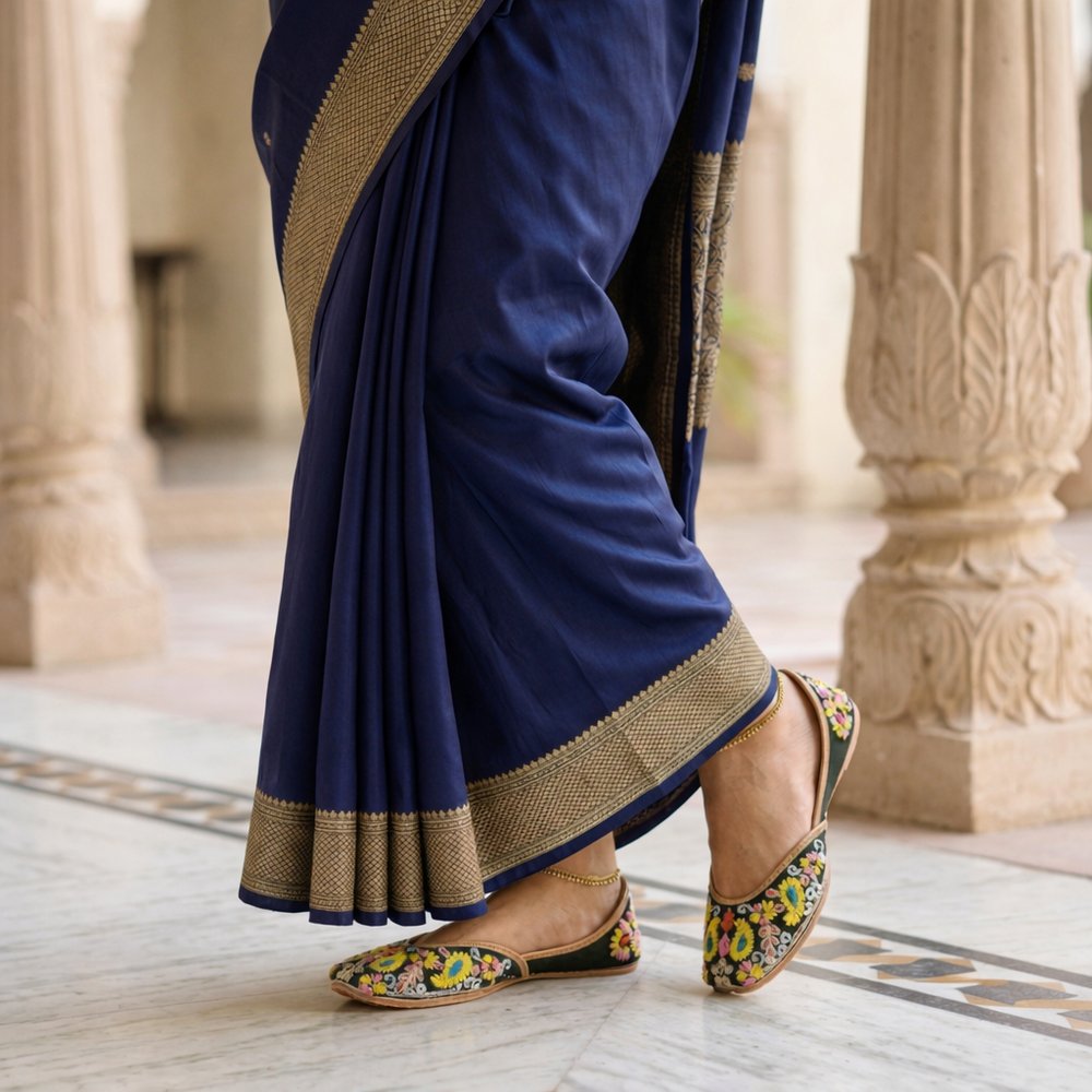 Women wearing floral embroidered genuine leather jutti with ethnic outfit