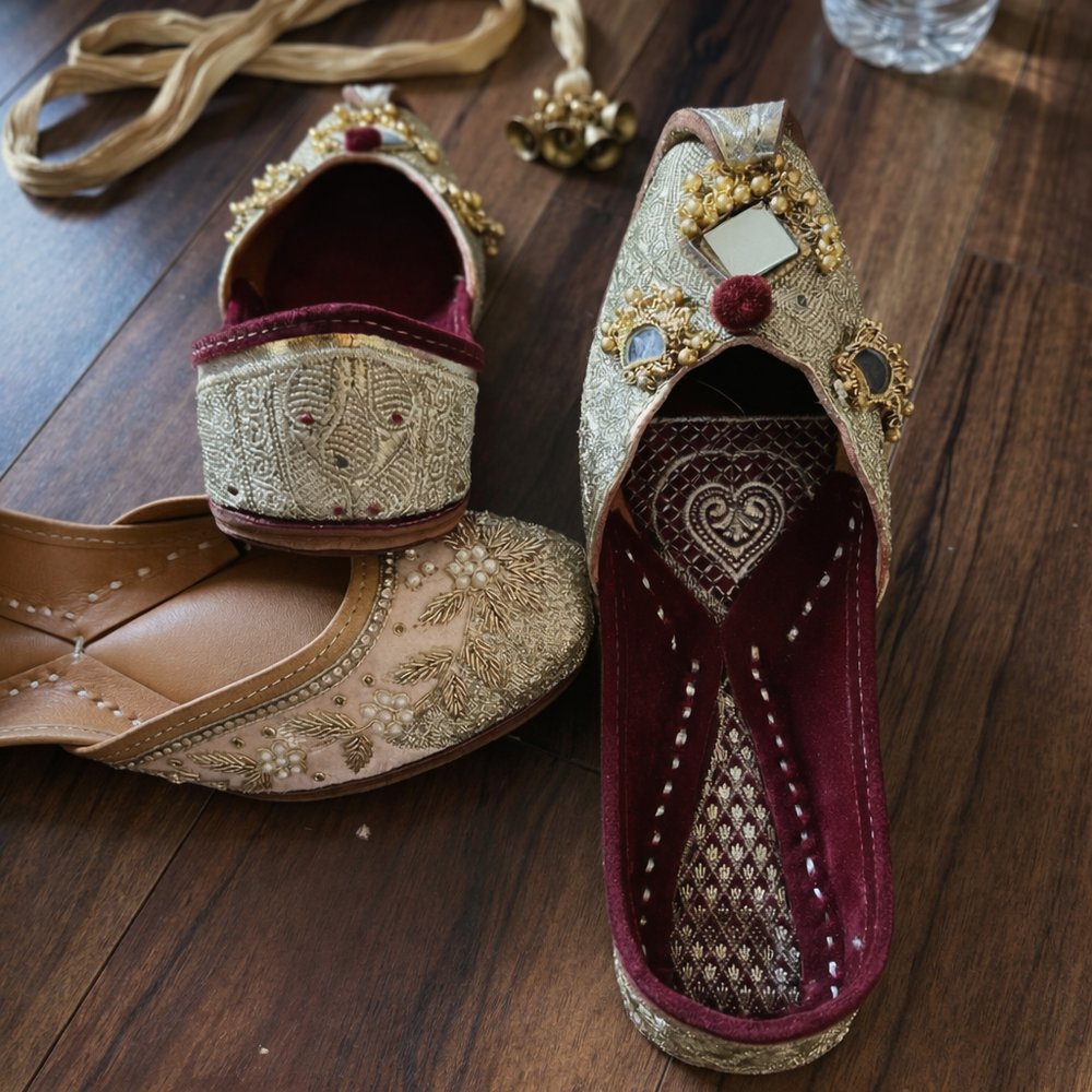 bridal gold maroon punjabi jutti worn on feet traditional rajasthani style