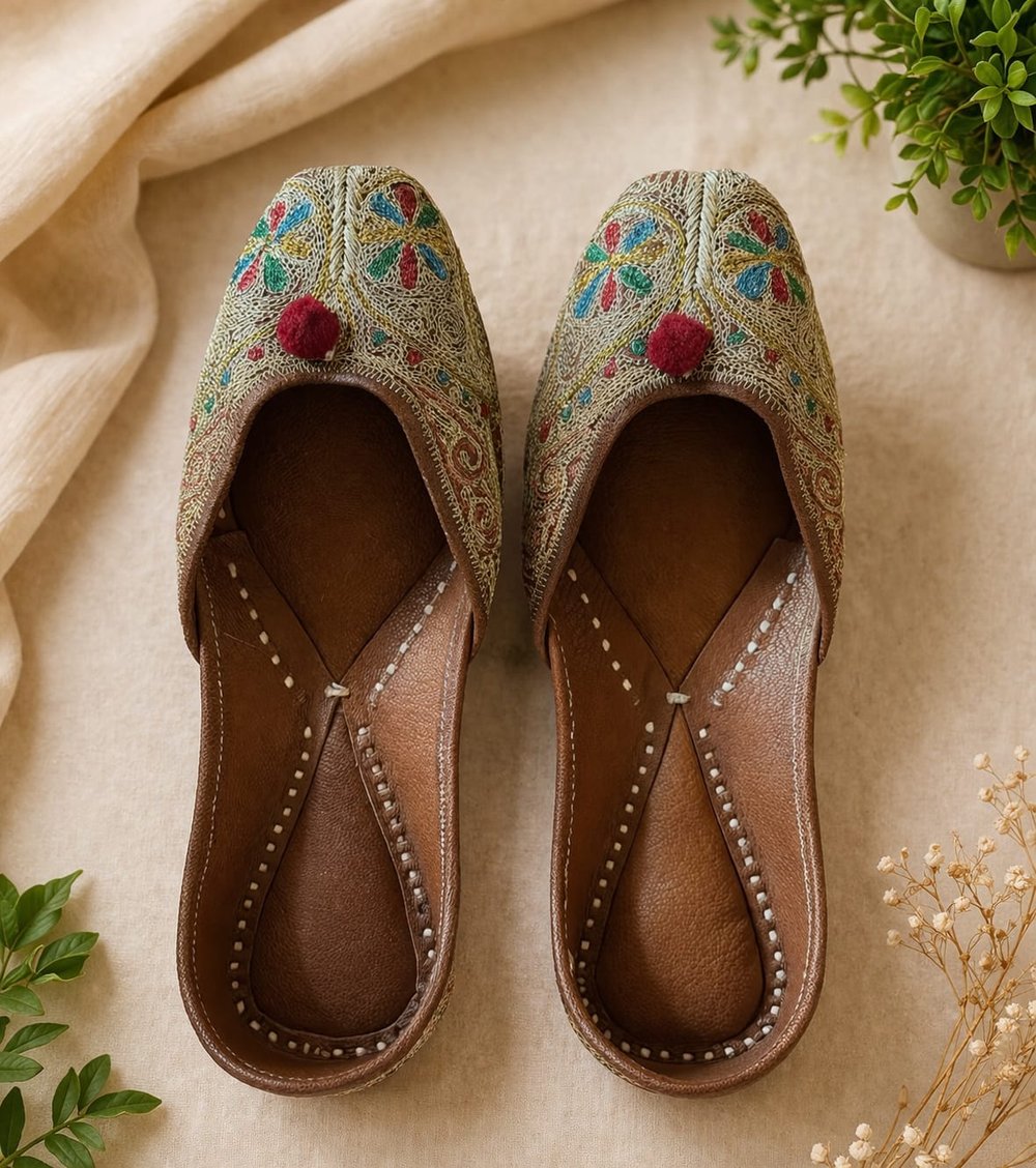 Handcrafted Punjabi jutti with colorful phulkari embroidery and leather sole for women