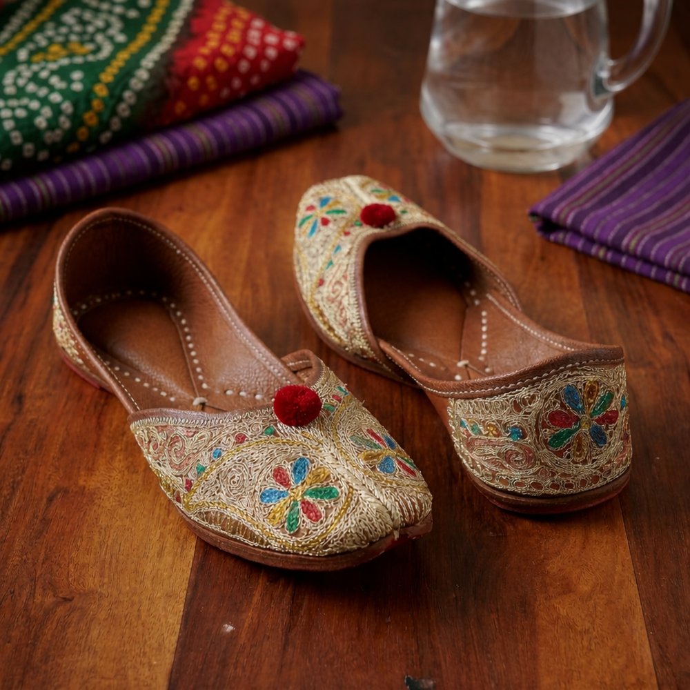 Close-up of a handcrafted Punjabi jutti with multi-color Phulkari thread embroidery and a red pom-pom on genuine brown leather