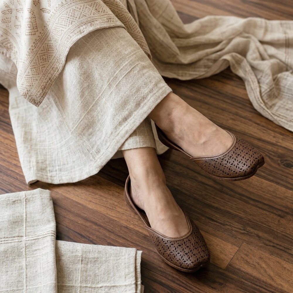 Premium handcrafted brown leather jutti for women styled with traditional outfit showcasing comfort and elegance