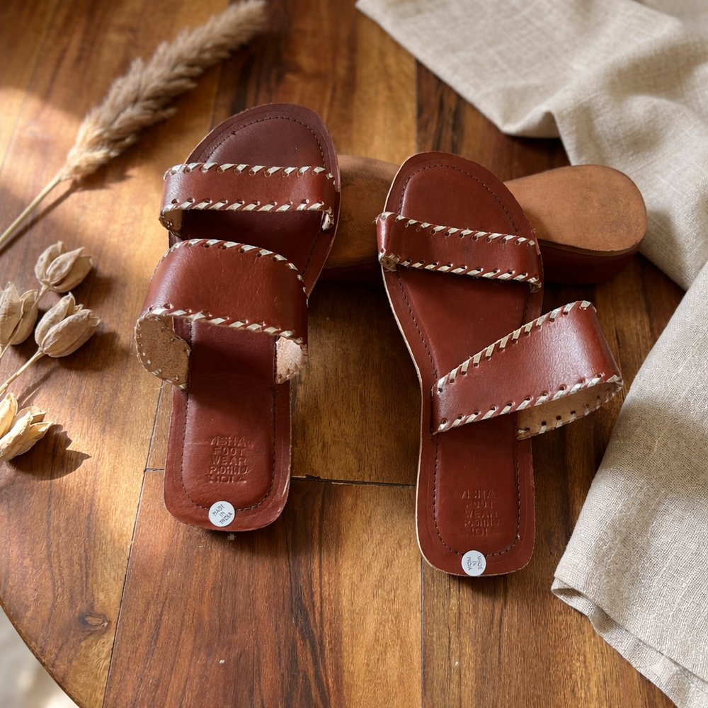 Brown Leather Dual-Strap Slippers