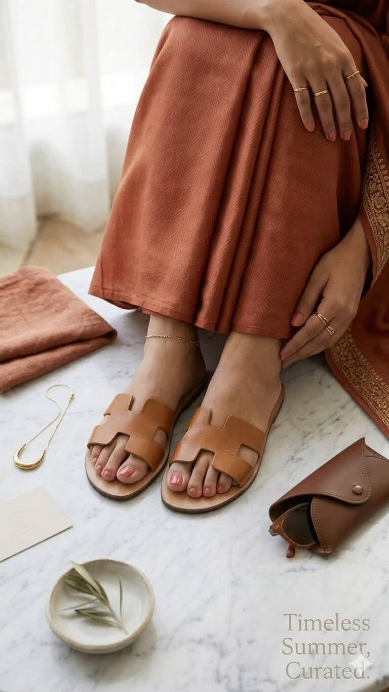 Handcrafted cognac leather slip-on sandals for women perfect for summer and daily wear