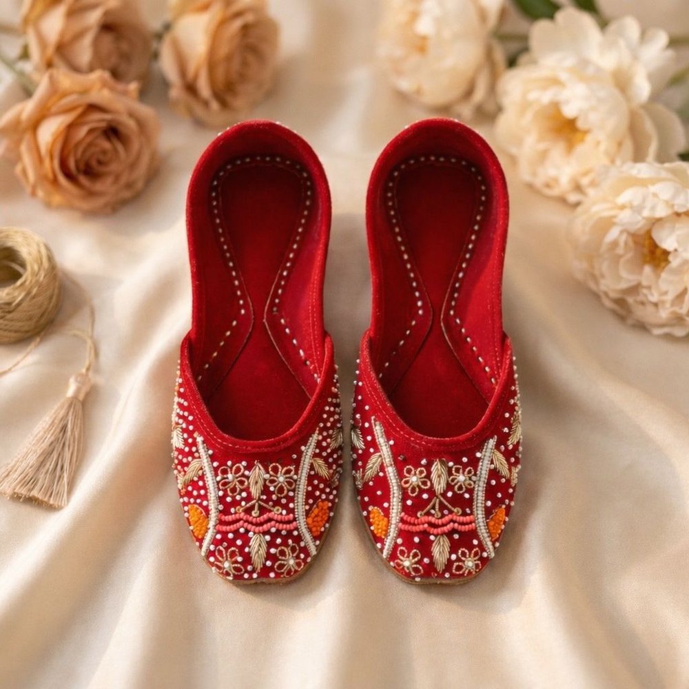 Handcrafted crimson red velvet jutti with zardosi embroidery, pearl and beadwork, leather sole bridal flats