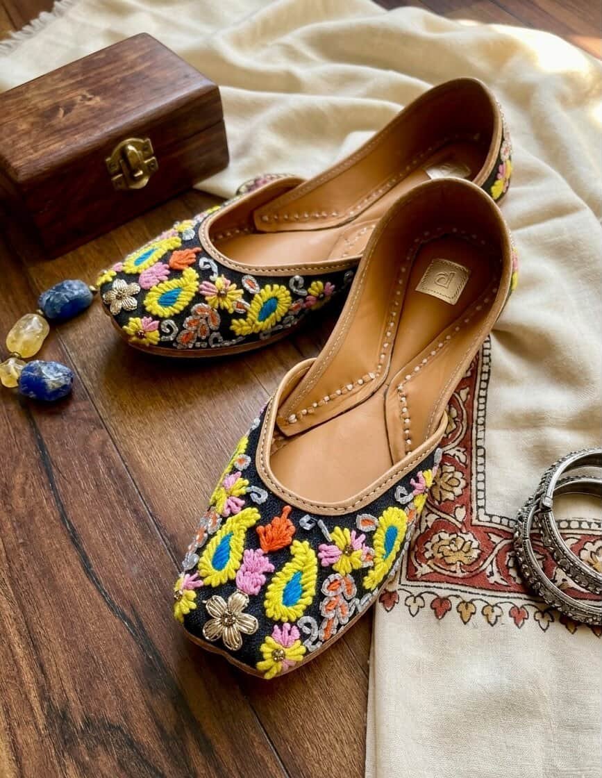 Handcrafted multicolor embroidery leather jutti close-up design