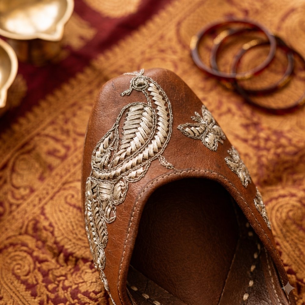 Close-up of brown leather jutti showing detailed silver embroidery design