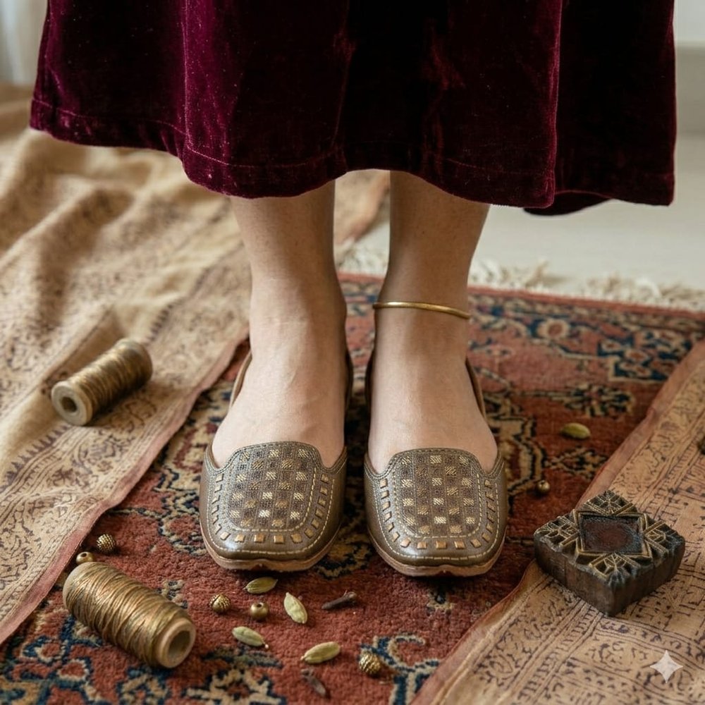 Handcrafted mojari jutti in antique gold style with detailed pattern work