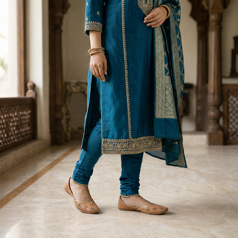 Close-up of handmade leather jutti showing detailed floral design and stitching