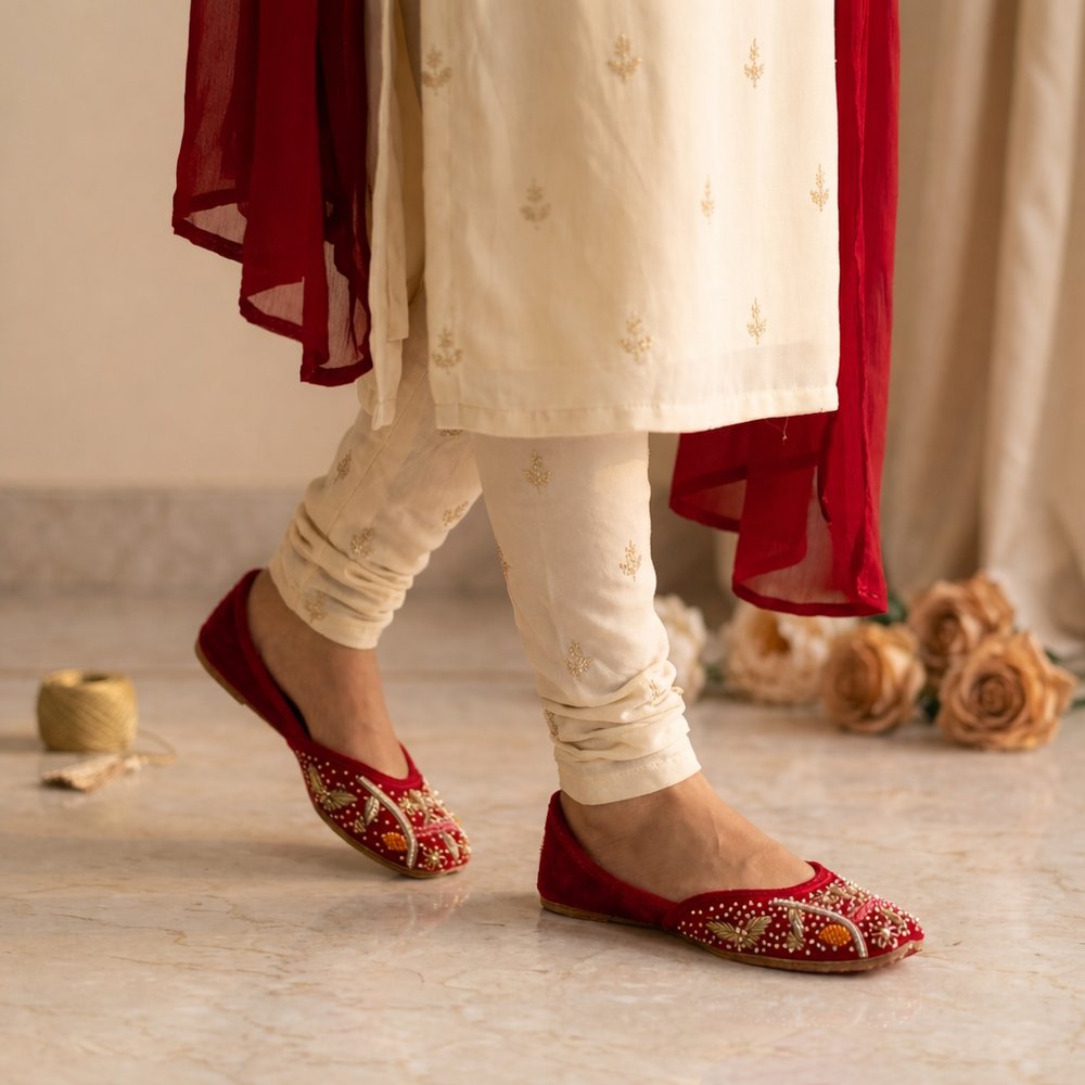 Handmade red bridal jutti with zardosi embroidery, beadwork and pearls, worn by woman in ethnic outfit