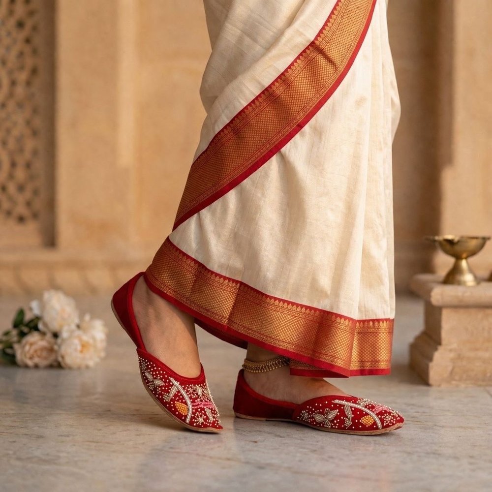 Royal red handcrafted zardosi bridal jutti for women paired with saree, leather sole ethnic footwear