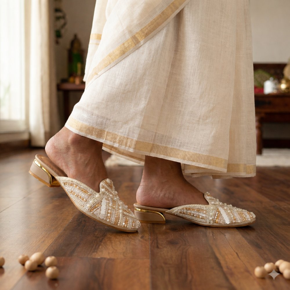 Top view of ivory pearl embellished handcrafted mules for women by Princess Craft with detailed beadwork design