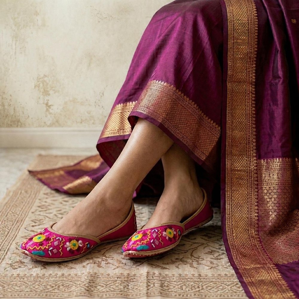 Genuine leather sole pink jutti with hand stitched detailing and durable craftsmanship