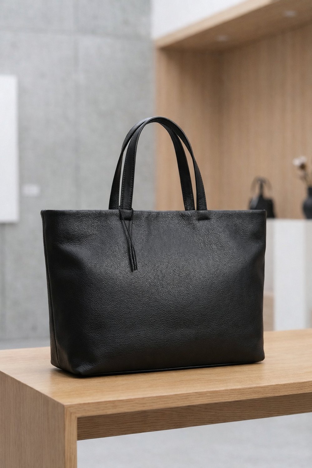 Minimal black leather tote bag placed on wooden table with soft natural lighting, premium everyday handbag