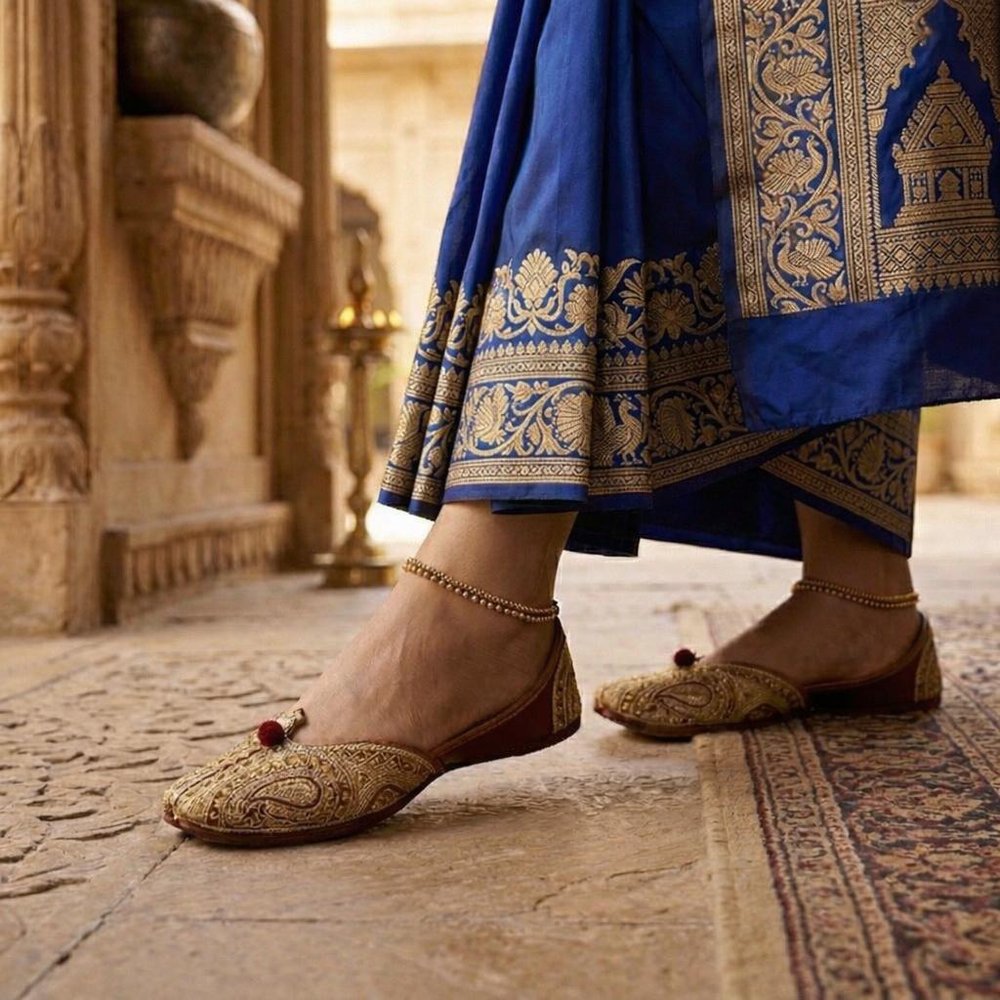 Woman wearing Pakistani Zari Charm Jutti with traditional outfit showcasing embroidered pure leather jutti