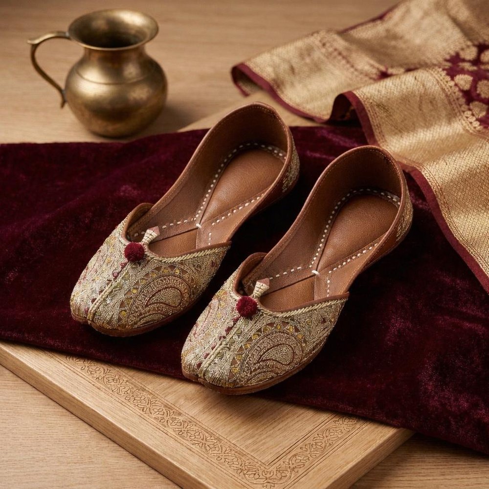 Pakistani Zari Charm Jutti in beige with gold zari embroidery and maroon pom-pom on velvet background