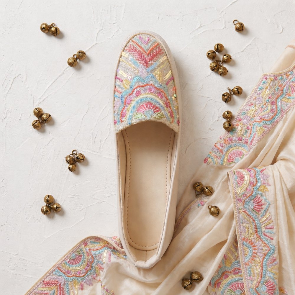 Top view of pastel multicolor embroidered jutti with detailed thread work