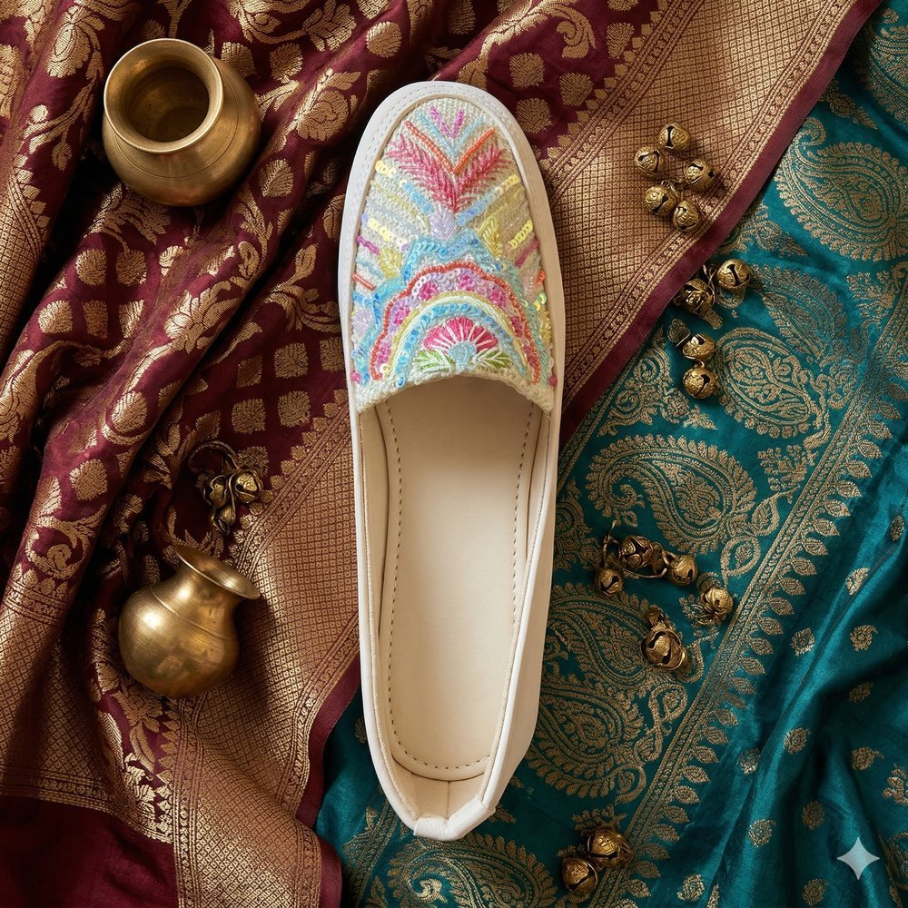 Top view of pastel multicolor embroidered jutti with detailed thread work
