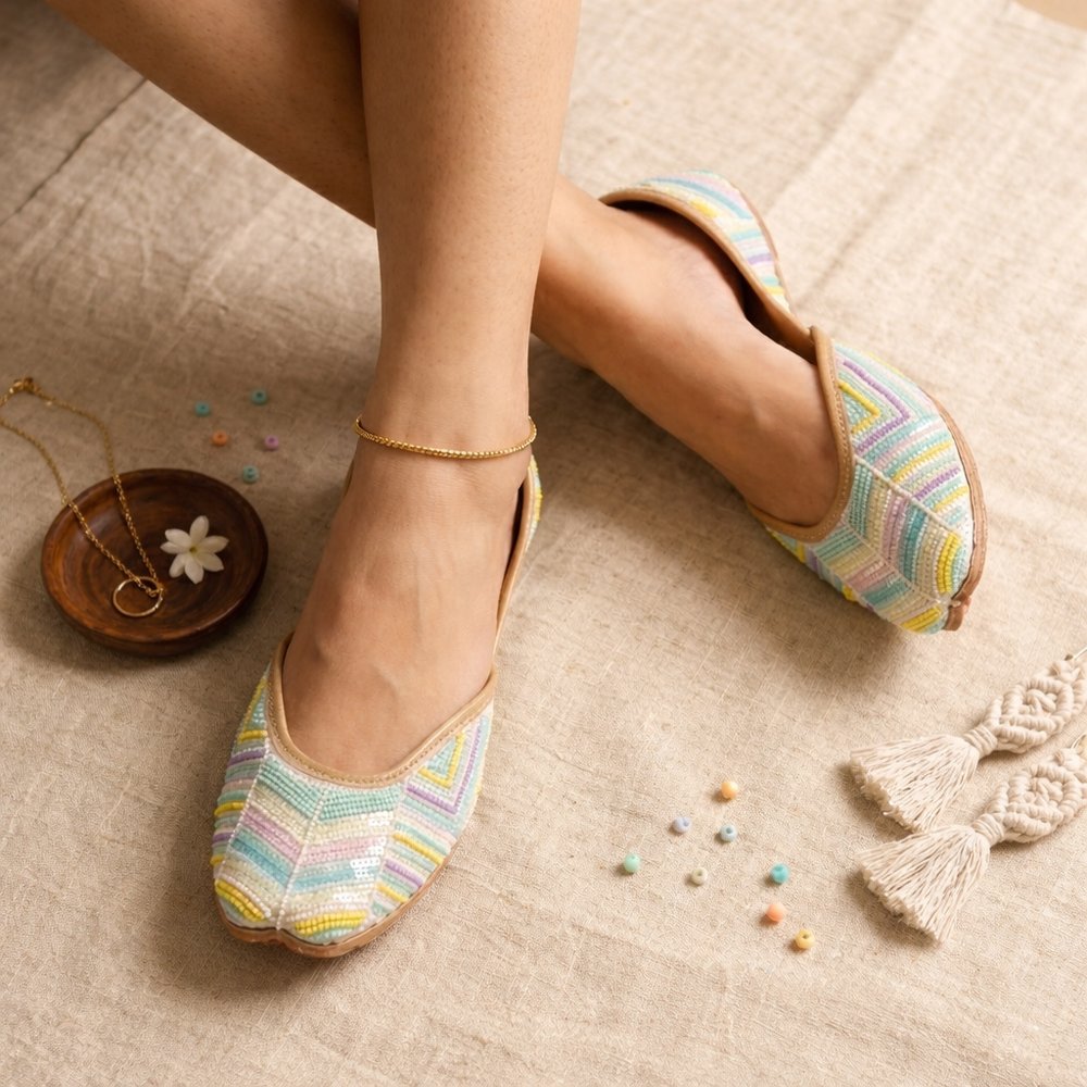 Handcrafted pastel beaded jutti for women colorful ethnic footwear with intricate beadwork