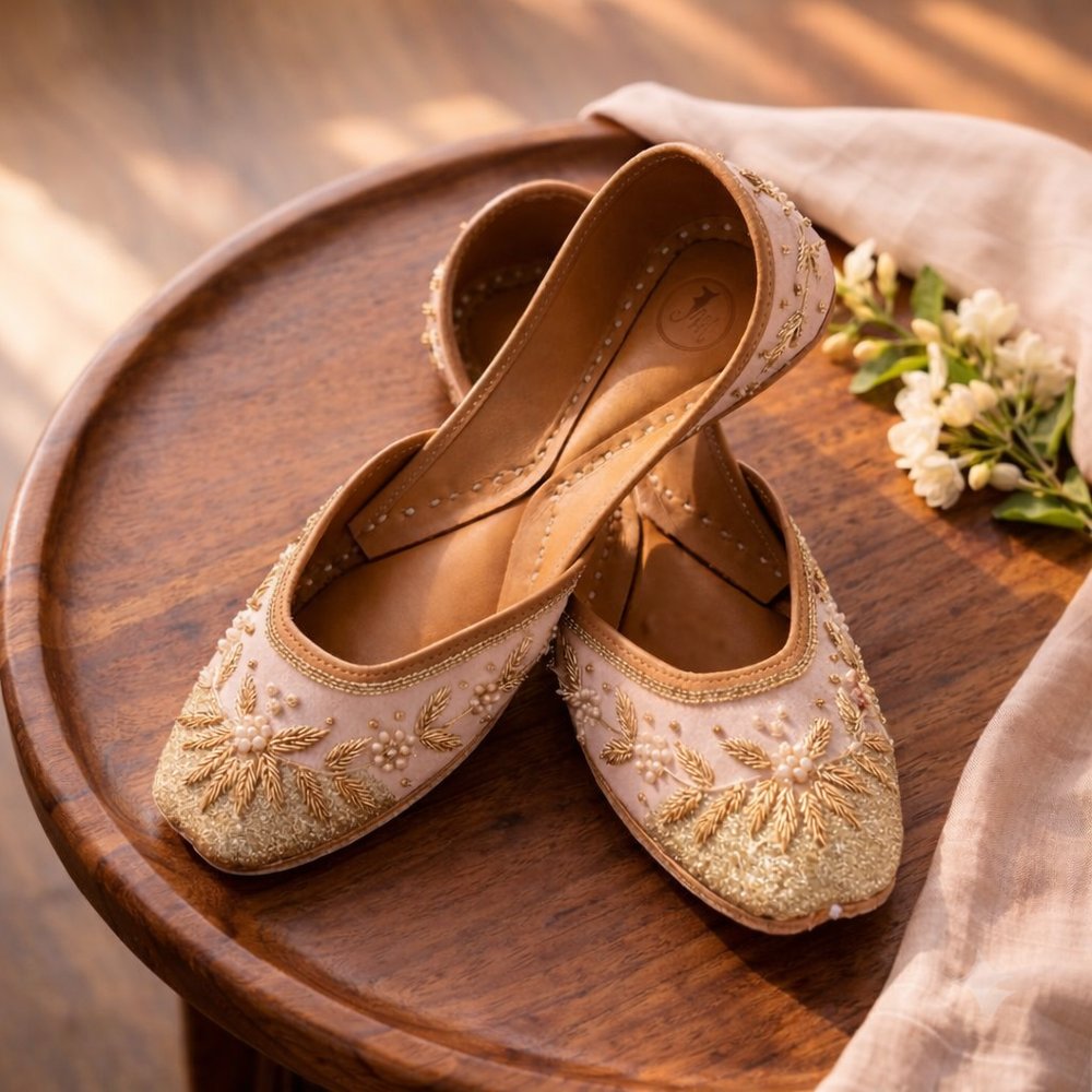 Peach embroidered jutti for women with golden thread work worn for wedding and festive wear