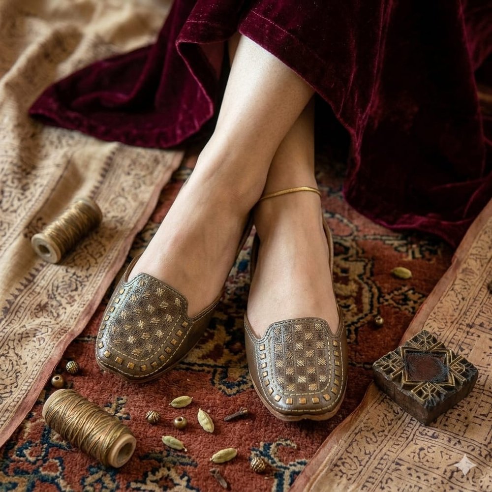 Premium leather ethnic jutti with intricate gold embroidery and traditional design