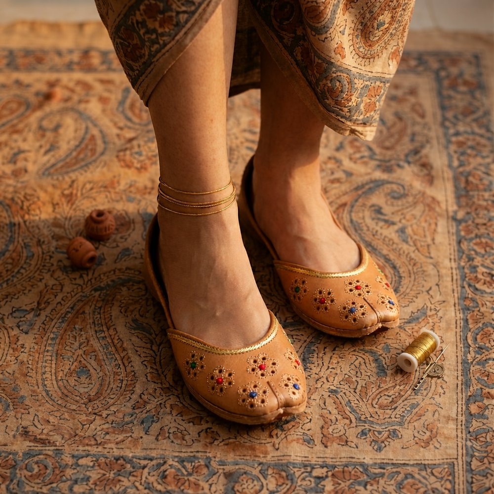 Premium tan leather jutti on minimal background showcasing elegant ethnic footwear