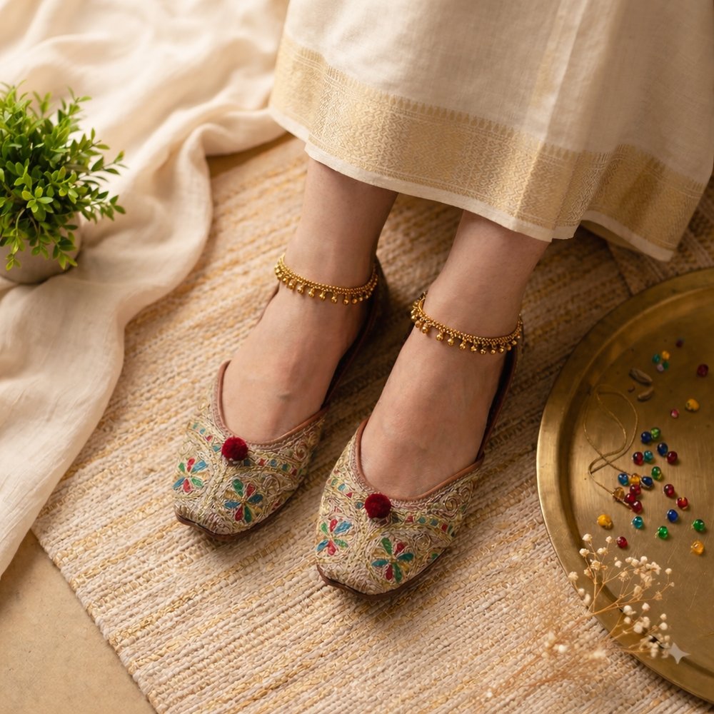 Pair of traditional women's ethnic khussa shoes with intricate floral handwork and artisanal white stitching on the leather sole.