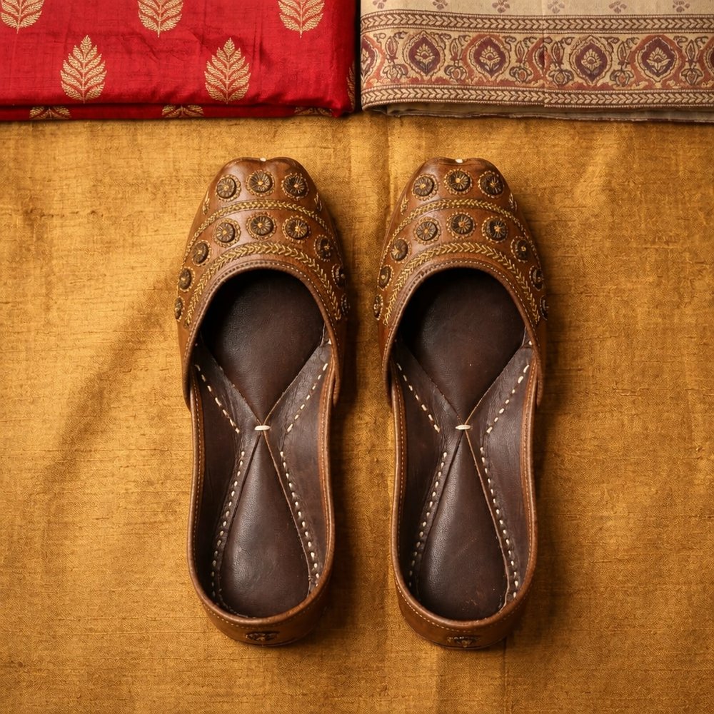 Royal Heritage Ochre leather jutti with antique coin embroidery worn with ethnic outfit and anklets