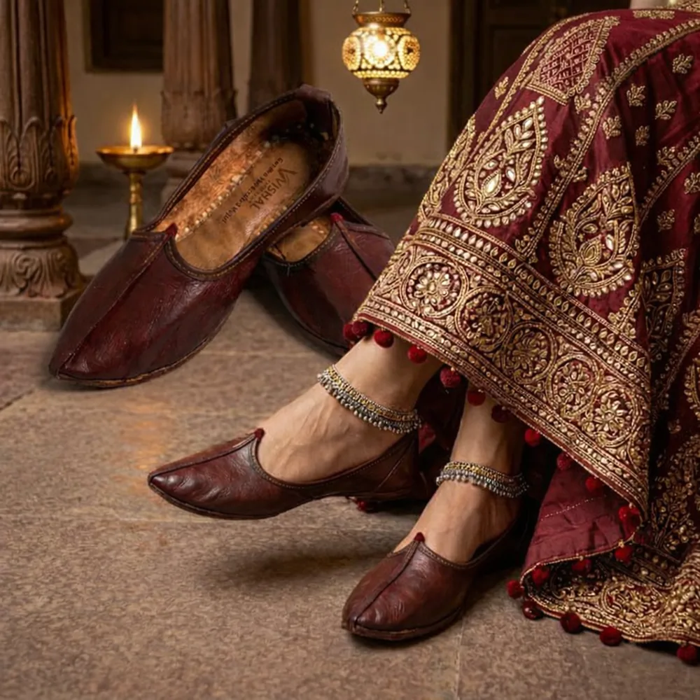 Royal maroon handcrafted leather Punjabi jutti for women, traditional ethnic footwear for weddings and festive wear