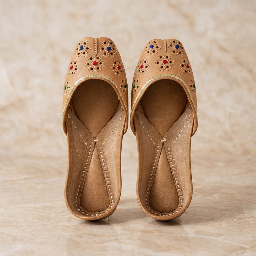 Handcrafted tan leather jutti with floral cutwork and colorful embroidery top view
