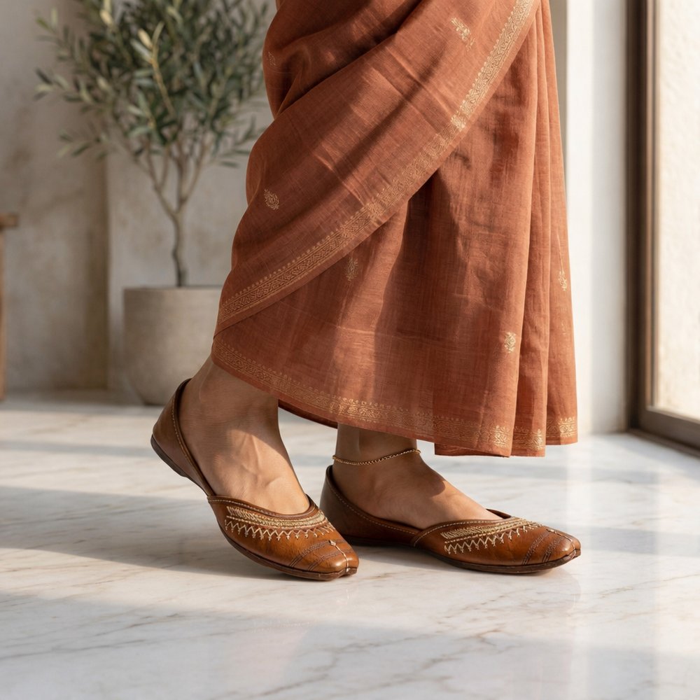 Front view of tan leather jutti with elegant golden embroidery