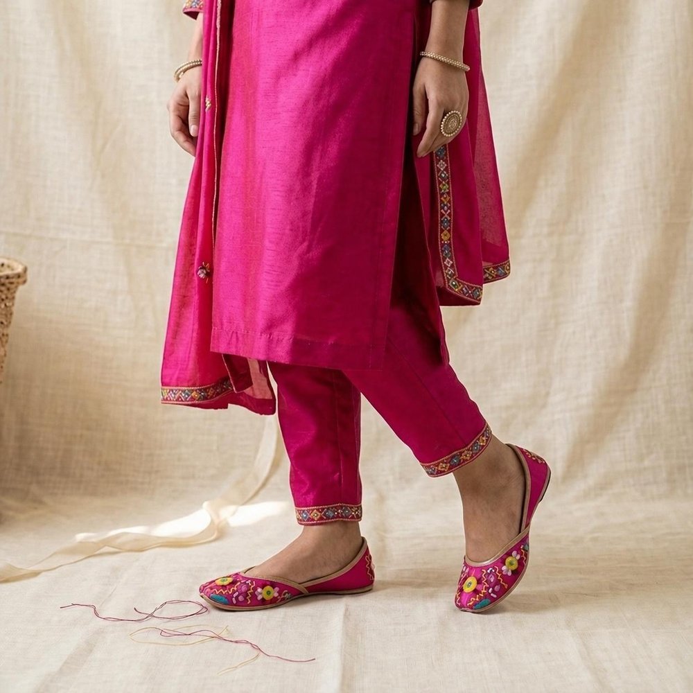 Traditional pink ethnic jutti pair with vibrant embroidery perfect for weddings and festivals