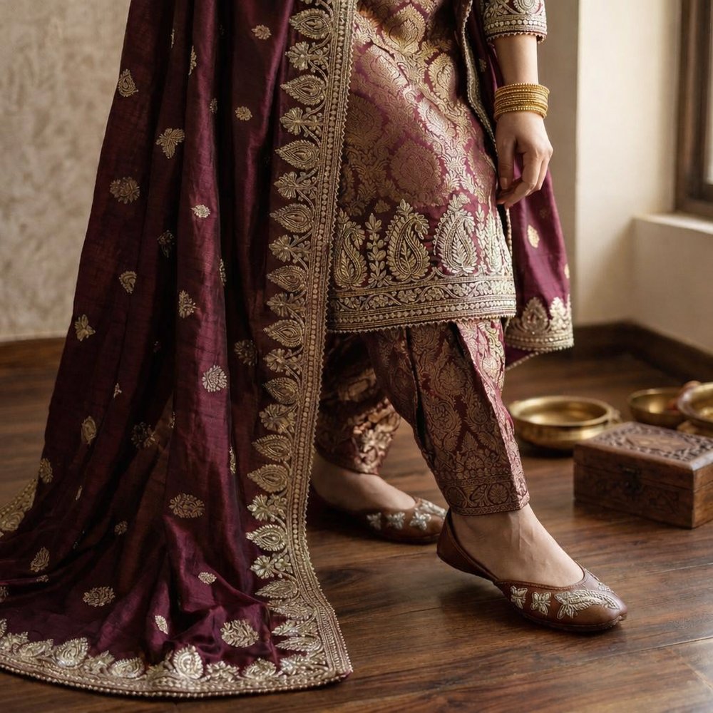 Woman wearing brown embroidered jutti with maroon and gold traditional outfit